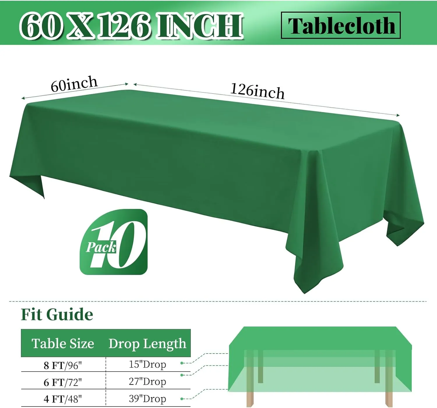 10 Pack 60 x 126 Inch Tablecloth, Green Tablecloth for 8 Feet Rectangle Tables, Stain and Wrinkle Resistant Washable Fabric Table Cloth for Wedding Party Dining Table Buffet Parties Camping