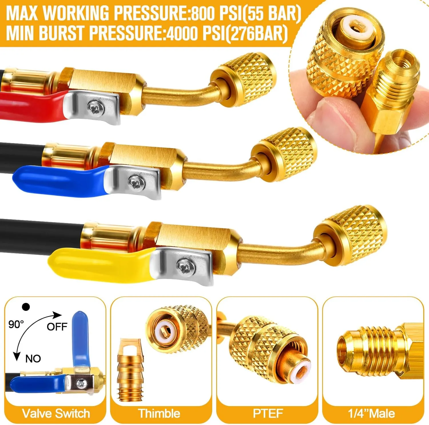 10 Pcs AC Manifold Gauge Hose with R410a Mini Split Adapter Tank Adapter Refrigerant Charging Hose for R134a R410a R404a R12 R22 Refrigerants(Black,60 Inch)