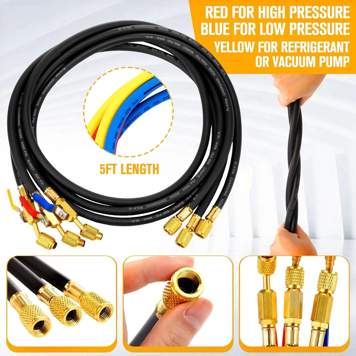 10 Pcs AC Manifold Gauge Hose with R410a Mini Split Adapter Tank Adapter Refrigerant Charging Hose for R134a R410a R404a R12 R22 Refrigerants(Black,60 Inch)