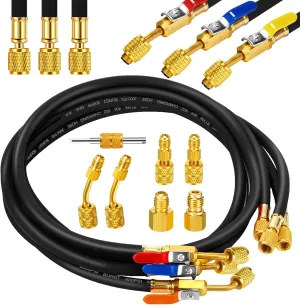 10 Pcs AC Manifold Gauge Hose with R410a Mini Split Adapter Tank Adapter Refrigerant Charging Hose for R134a R410a R404a R12 R22 Refrigerants(Black,60 Inch)