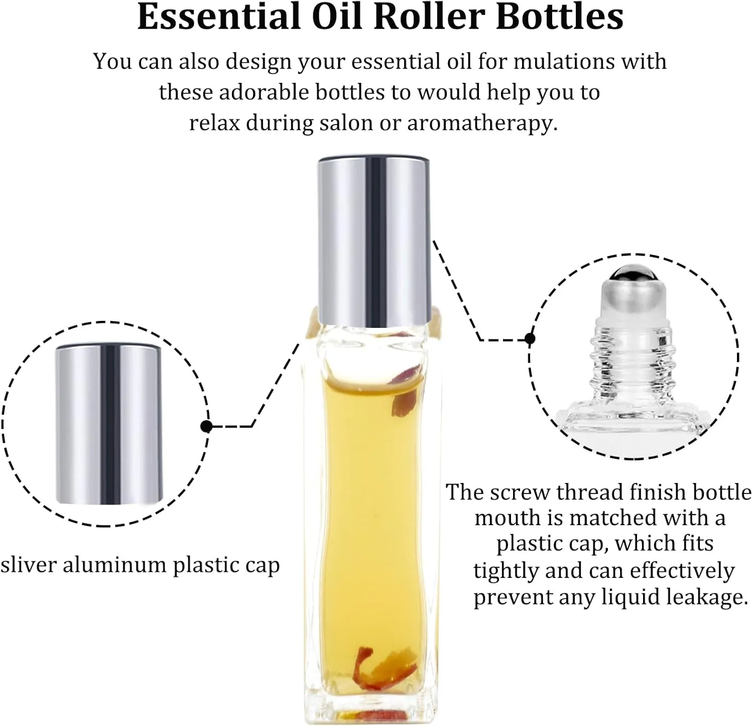 100 Pcs 10 ml Roller Bottles for Essential Oils, Square Thick Empty Glass Roller Bottles with Stainless Steel Roller Balls Protection Leakproof with 5 Funnel for Travel, silver