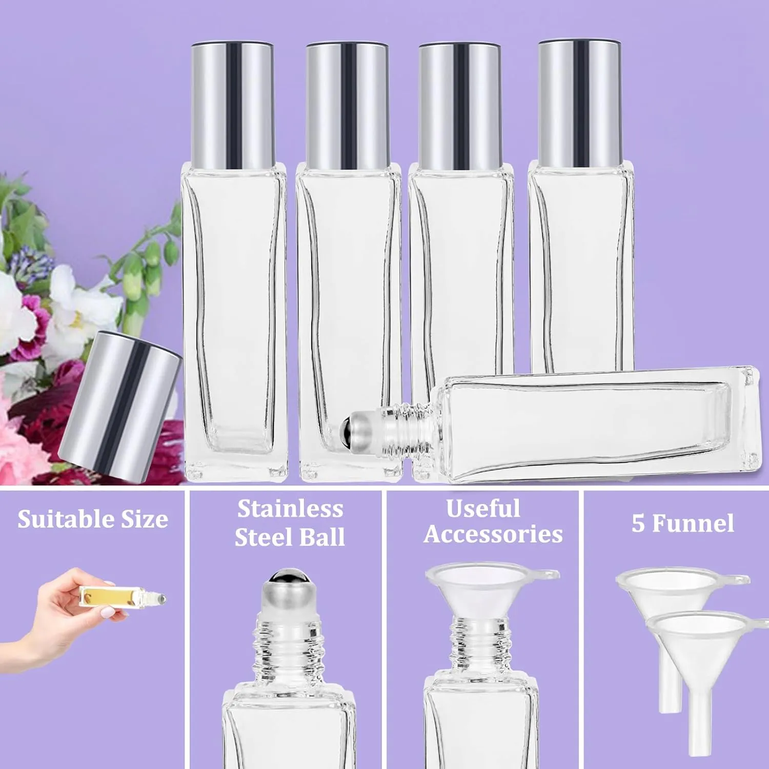 100 Pcs 10 ml Roller Bottles for Essential Oils, Square Thick Empty Glass Roller Bottles with Stainless Steel Roller Balls Protection Leakproof with 5 Funnel for Travel, silver