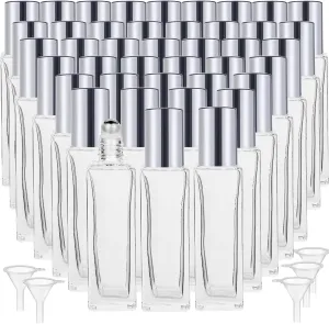 100 Pcs 10 ml Roller Bottles for Essential Oils, Square Thick Empty Glass Roller Bottles with Stainless Steel Roller Balls Protection Leakproof with 5 Funnel for Travel, silver