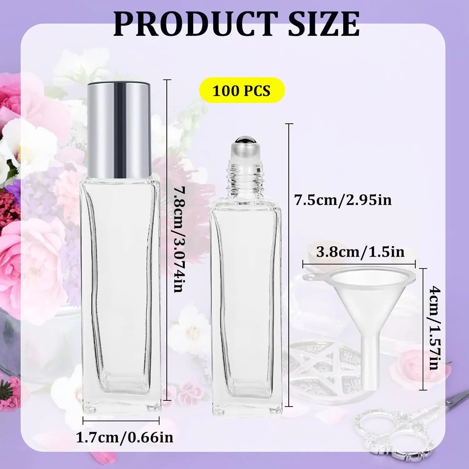 100 Pcs 10 ml Roller Bottles for Essential Oils, Square Thick Empty Glass Roller Bottles with Stainless Steel Roller Balls Protection Leakproof with 5 Funnel for Travel, silver