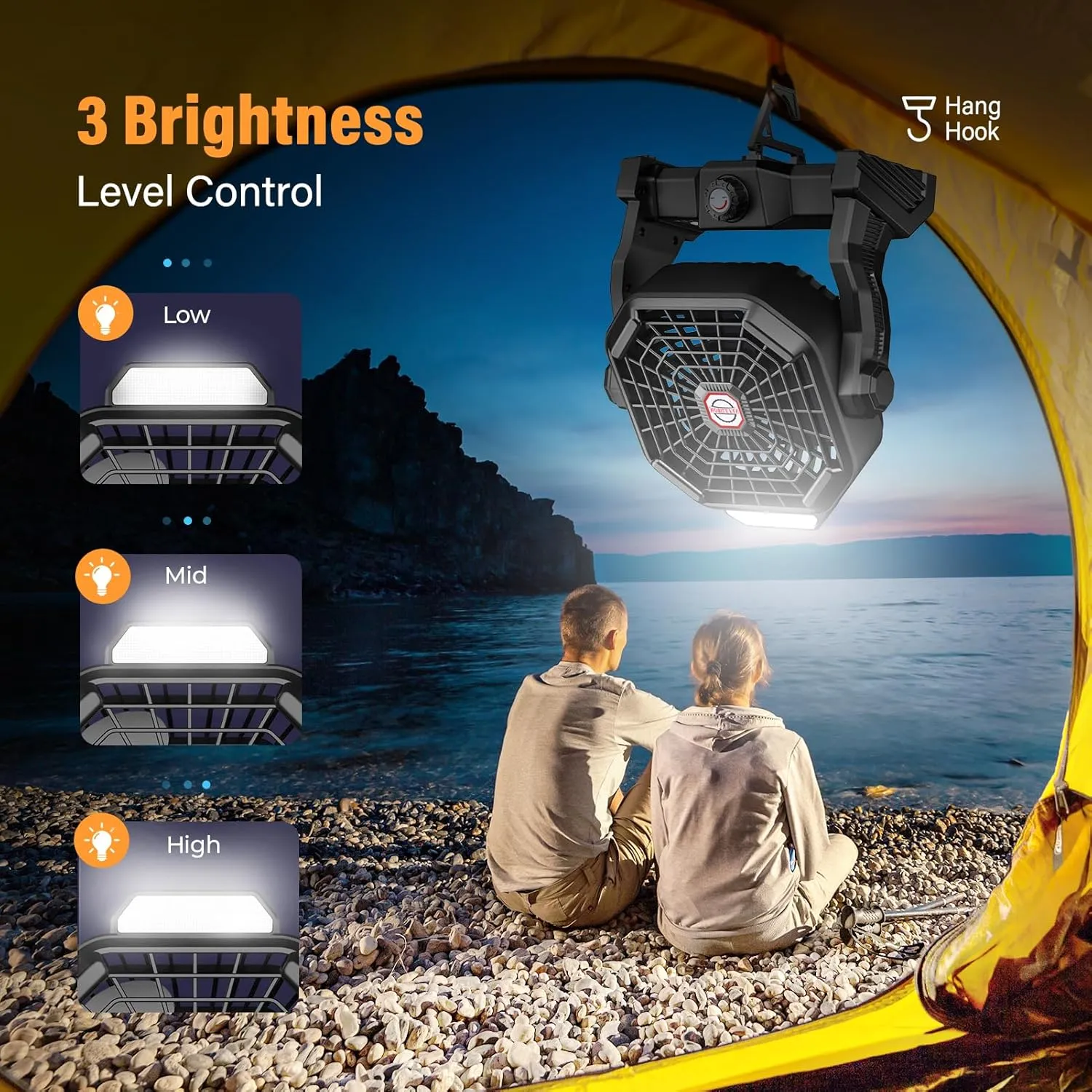 10400mAh Solar Fan with LED Lantern, Camping Fan with Solar Panel, 7W Rechargeable Solar Powered Fan for Outside, Quiet Battery Operated Tent Fan for Picnic, Barbecue, Fishing, Travel