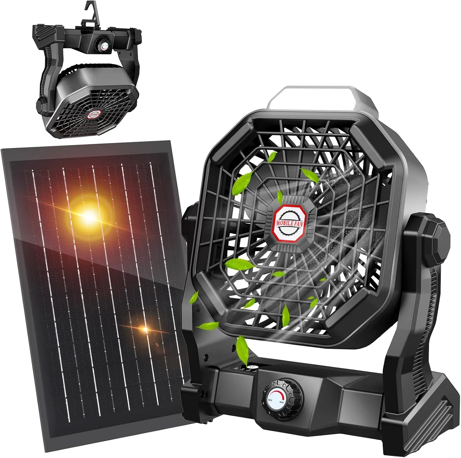 10400mAh Solar Fan with LED Lantern, Camping Fan with Solar Panel, 7W Rechargeable Solar Powered Fan for Outside, Quiet Battery Operated Tent Fan for Picnic, Barbecue, Fishing, Travel