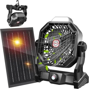 10400mAh Solar Fan with LED Lantern, Camping Fan with Solar Panel, 7W Rechargeable Solar Powered Fan for Outside, Quiet Battery Operated Tent Fan for Picnic, Barbecue, Fishing, Travel