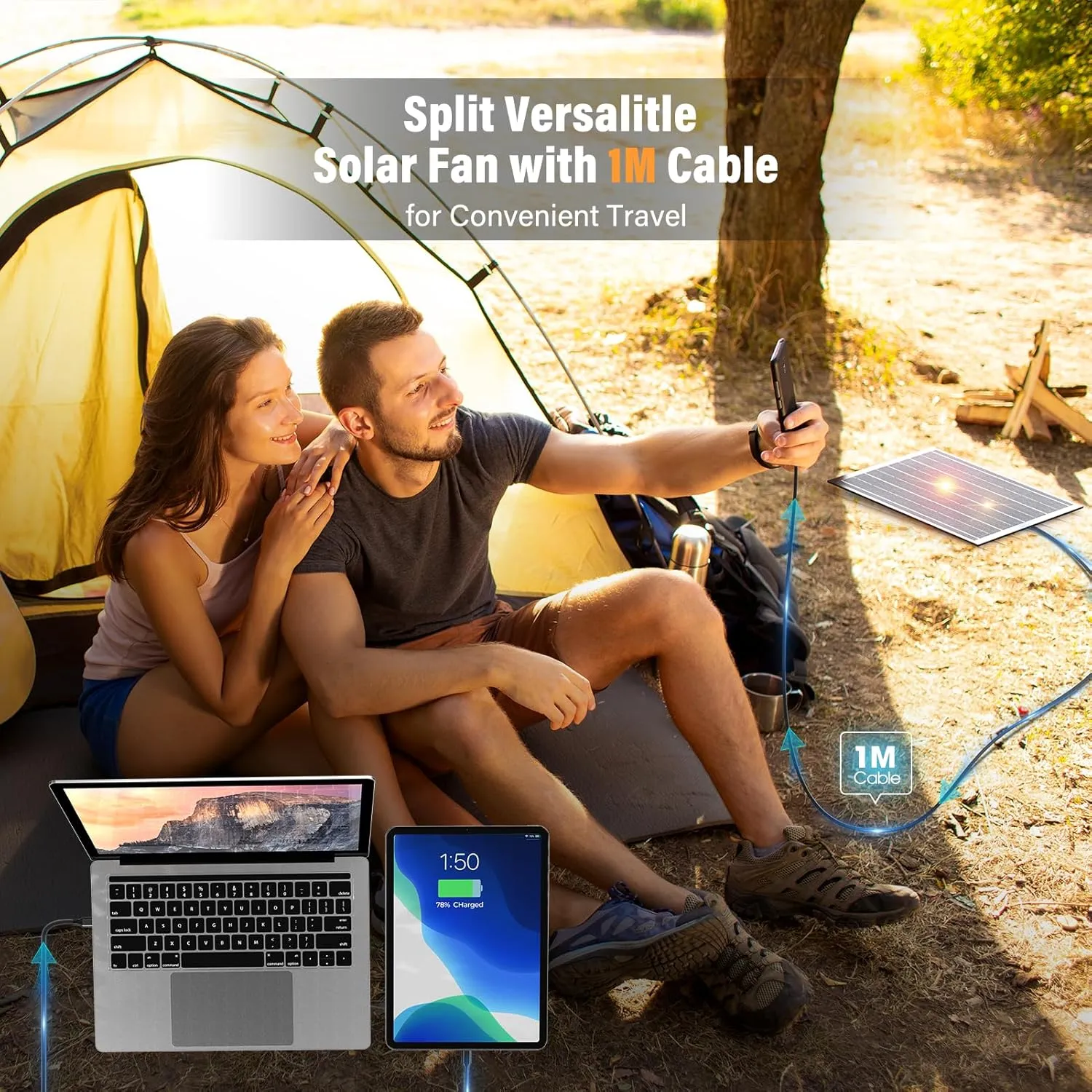 10400mAh Solar Fan with LED Lantern, Camping Fan with Solar Panel, 7W Rechargeable Solar Powered Fan for Outside, Quiet Battery Operated Tent Fan for Picnic, Barbecue, Fishing, Travel