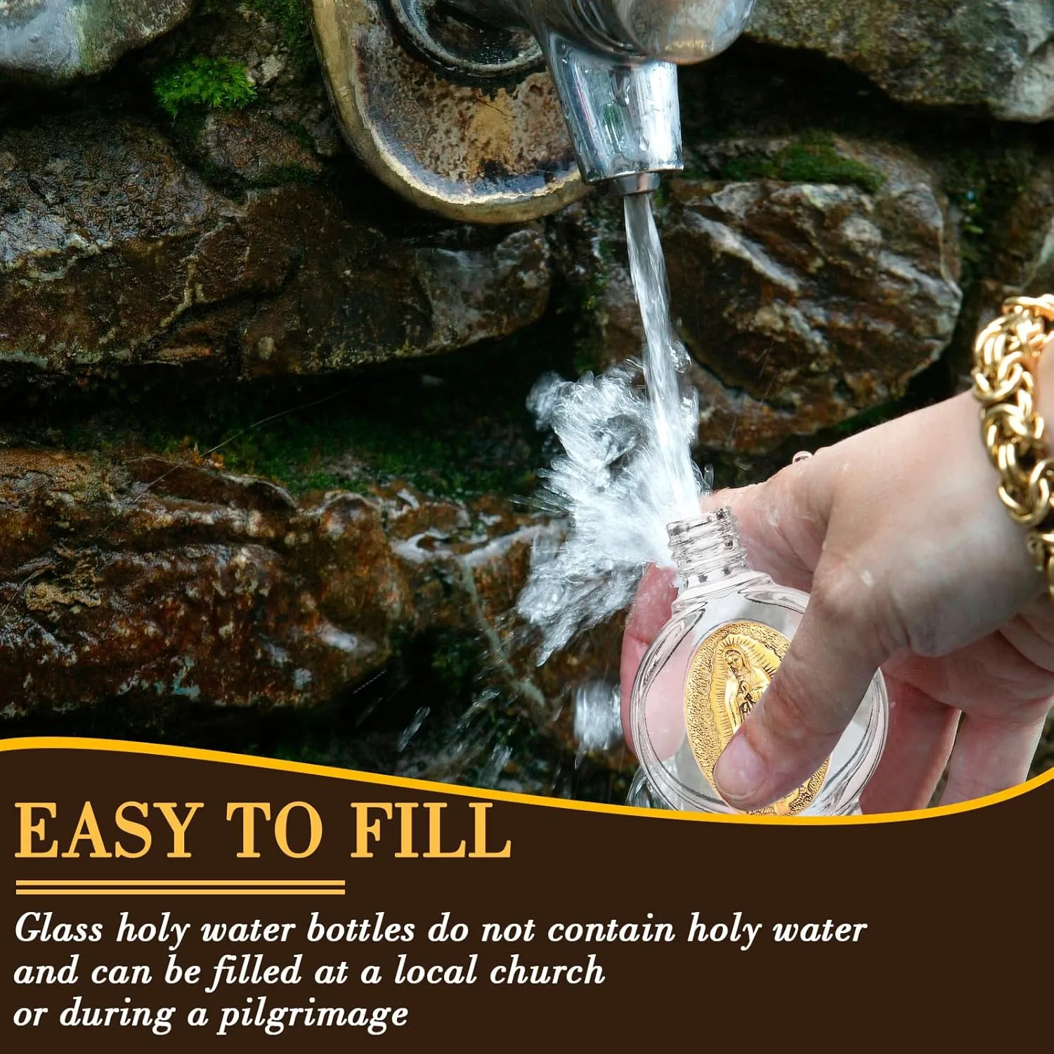 12 Pcs Catholic Holy Water Bottles 0.5 Floz Embossed Glass Holy Water Bottle with Toned Cap and Depiction Communion Gifts for Family Church(Gold,Our Lady of Guadalupe)