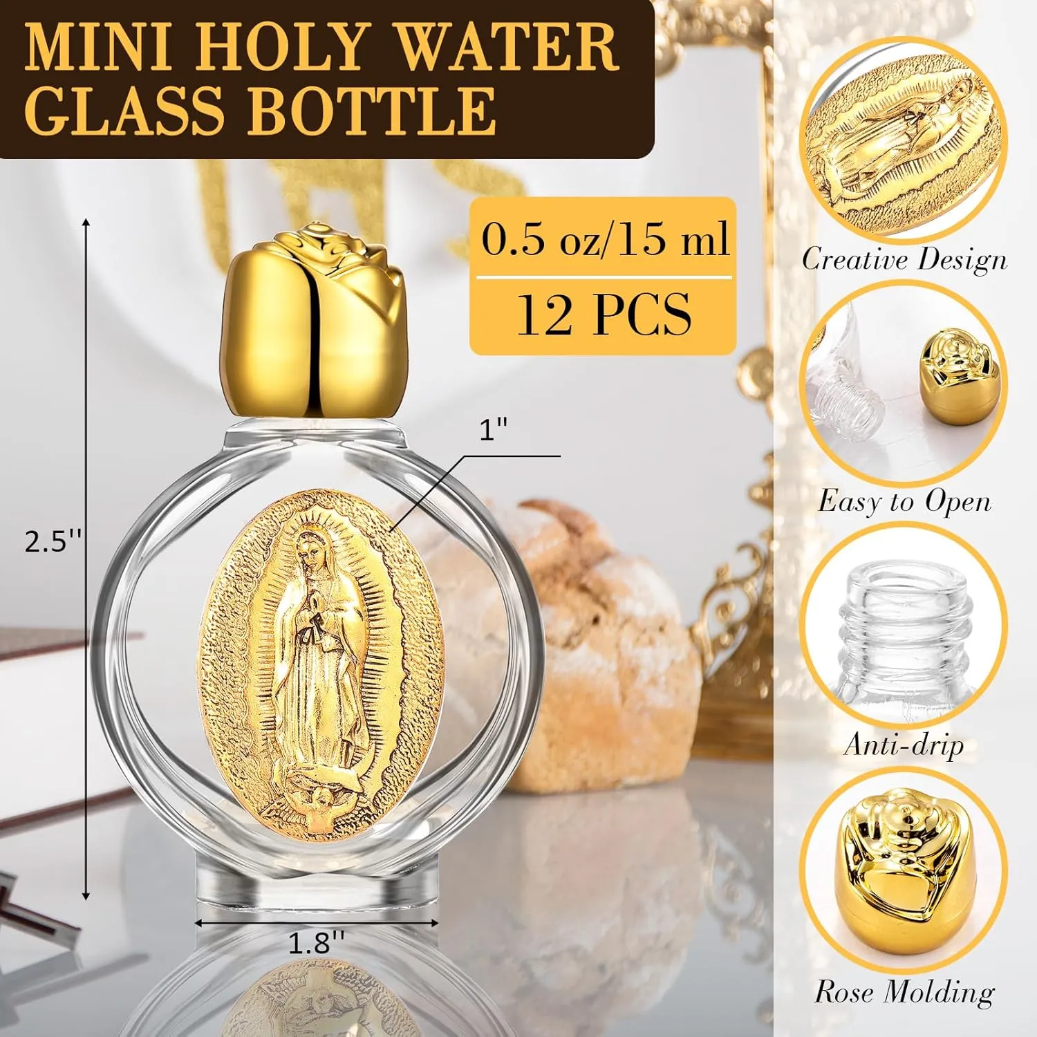 12 Pcs Catholic Holy Water Bottles 0.5 Floz Embossed Glass Holy Water Bottle with Toned Cap and Depiction Communion Gifts for Family Church(Gold,Our Lady of Guadalupe)