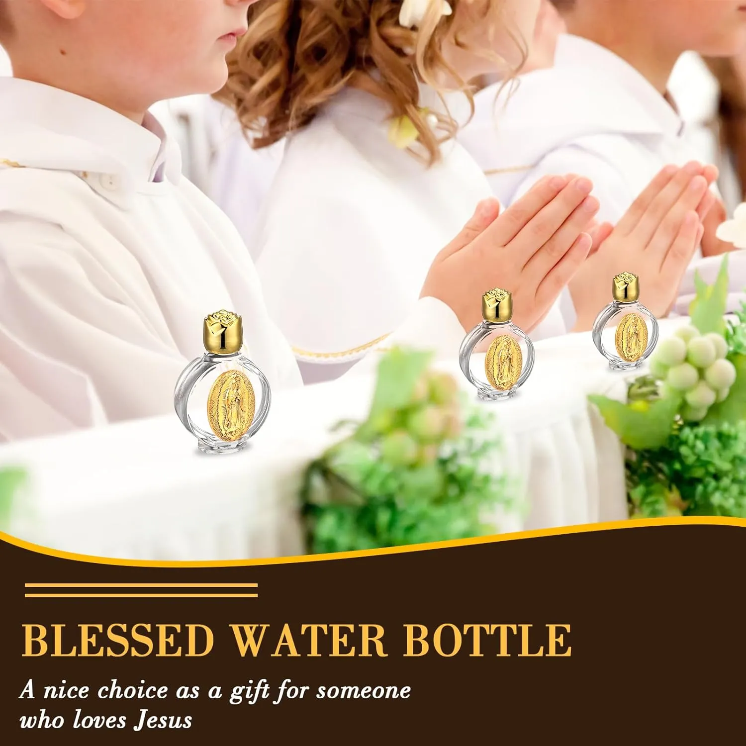 12 Pcs Catholic Holy Water Bottles 0.5 Floz Embossed Glass Holy Water Bottle with Toned Cap and Depiction Communion Gifts for Family Church(Gold,Our Lady of Guadalupe)