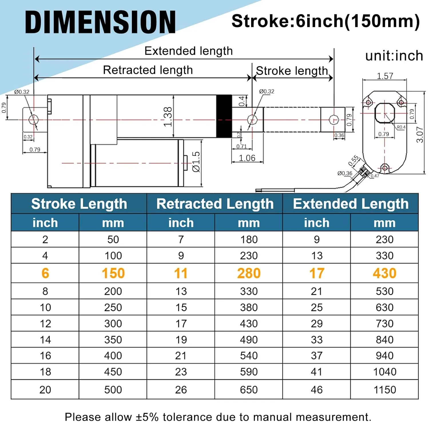 12V Linear Actuator 176lbs/800N 0.78"/s High Speed Linear Actuator Stroke 6Inch IP65 Protection Electric Actuator with Mounting Brackets,for Door Opener,Solar Tracker,Electric Lifting System