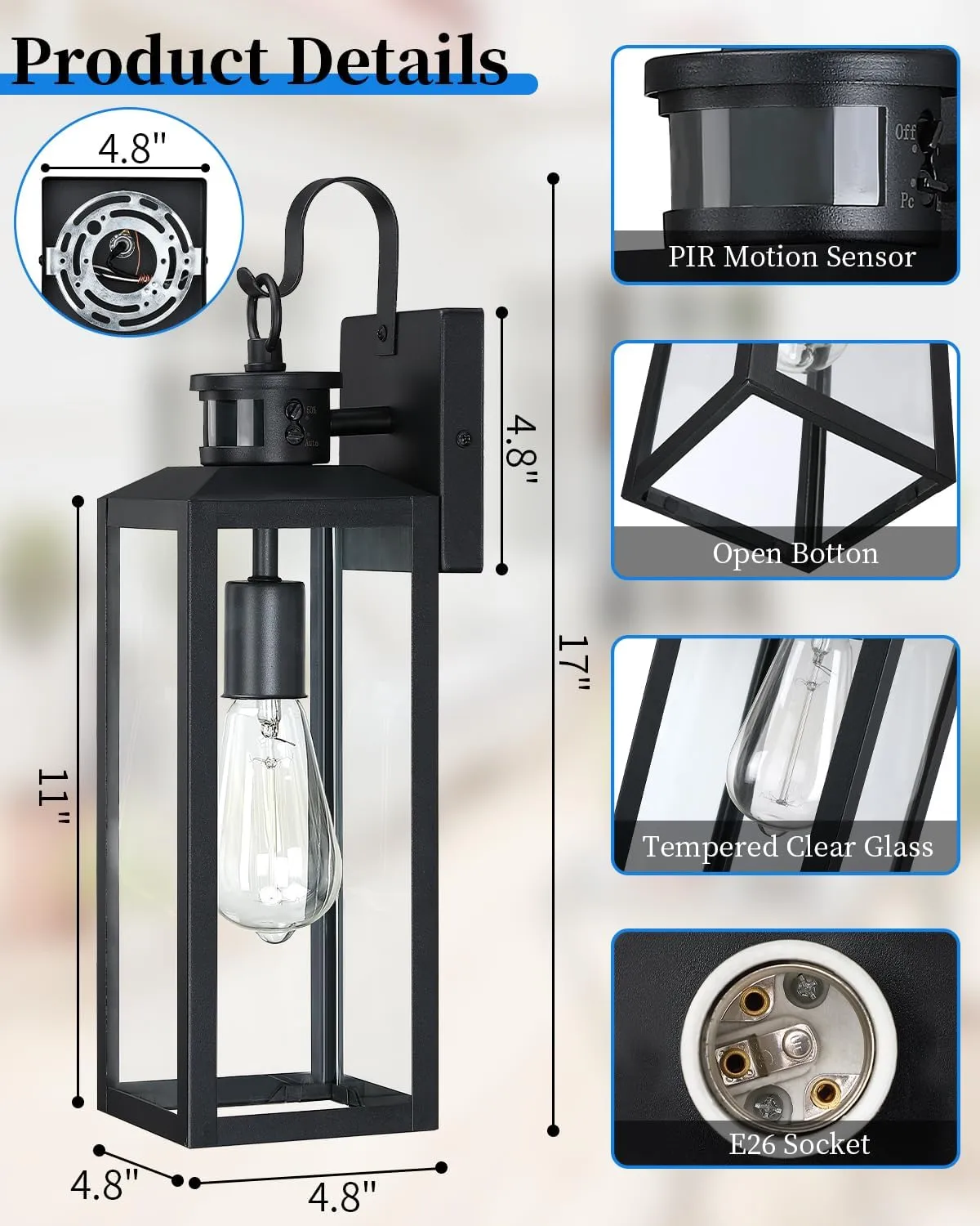 17'' Motion Sensor Outdoor Lights Wall Mount, Dusk to Dawn Exterior Light Fixture, Waterproof Anti-Rust Porch Light Outside Wall Lights for House, Black Wall Sconce Lanterns with Clear Glass, 2 Pack