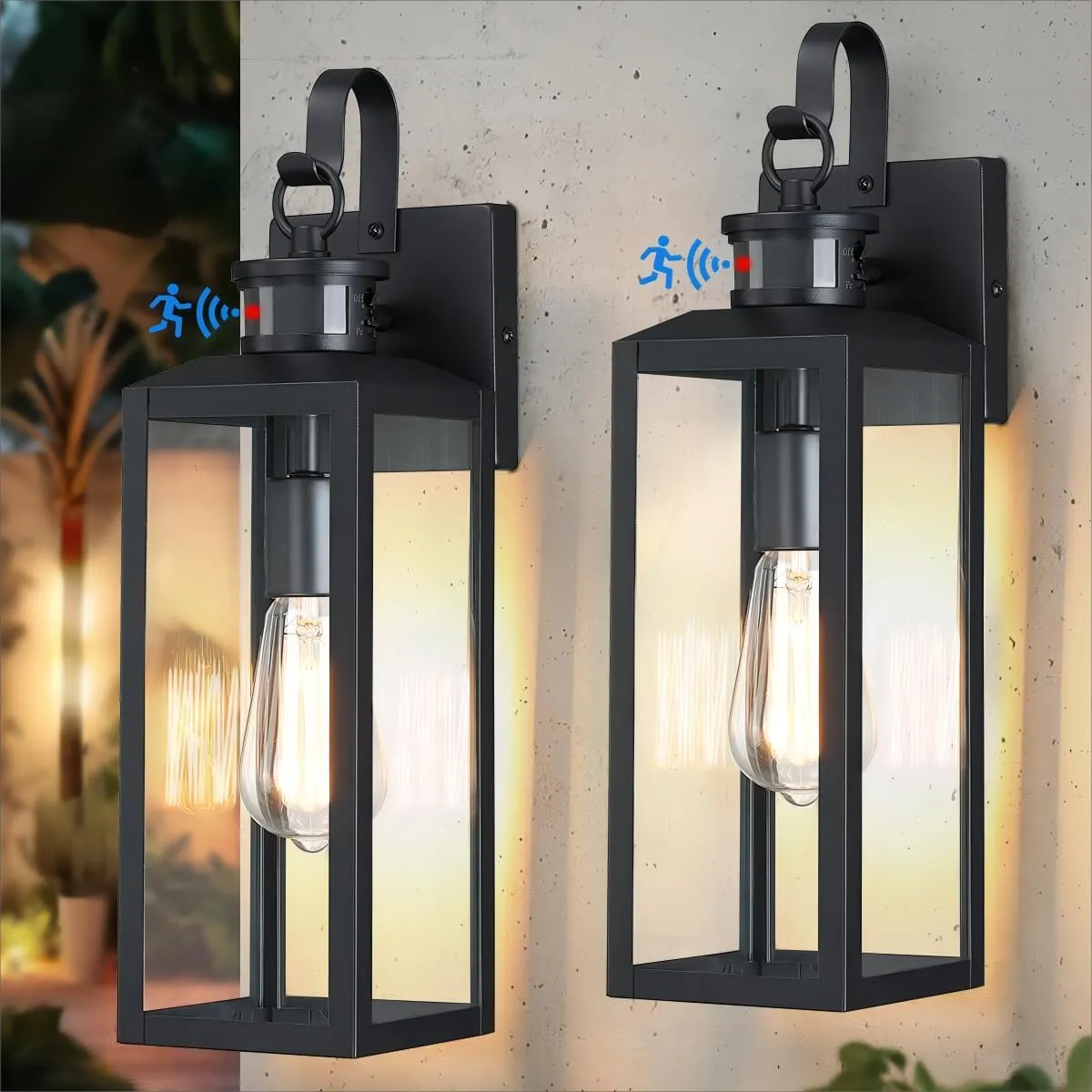 17'' Motion Sensor Outdoor Lights Wall Mount, Dusk to Dawn Exterior Light Fixture, Waterproof Anti-Rust Porch Light Outside Wall Lights for House, Black Wall Sconce Lanterns with Clear Glass, 2 Pack