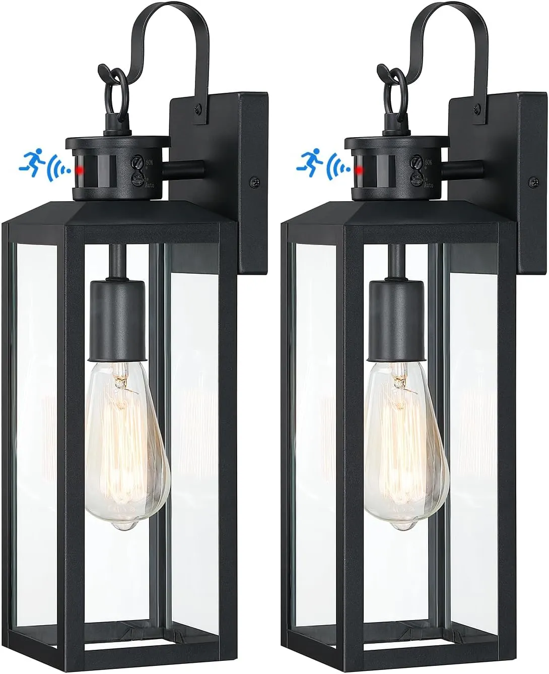 17'' Motion Sensor Outdoor Lights Wall Mount, Dusk to Dawn Exterior Light Fixture, Waterproof Anti-Rust Porch Light Outside Wall Lights for House, Black Wall Sconce Lanterns with Clear Glass, 2 Pack