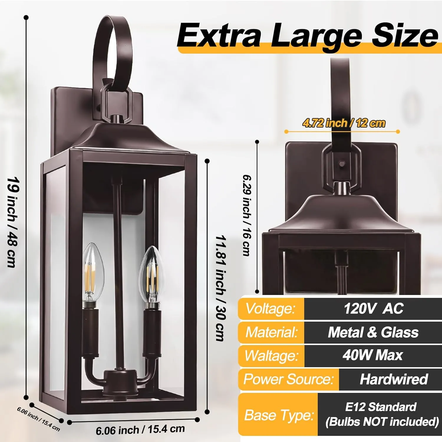 19" Oil Rubbed Bronze Outdoor Wall Lantern 2-Light, Large Outside Modern Wall Sconce Light Fixture, Brown Porch Light Wall Mount with Glass, Waterproof Farmhouse Exterior Lamp Lighting