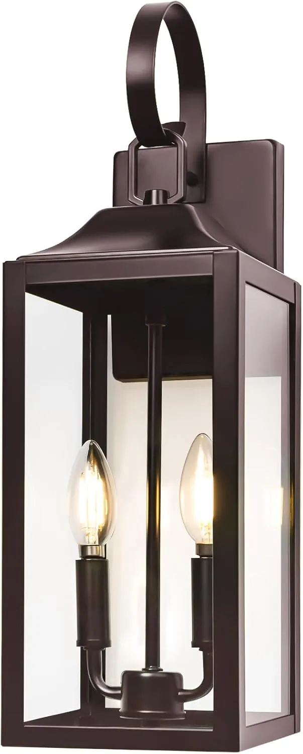 19" Oil Rubbed Bronze Outdoor Wall Lantern 2-Light, Large Outside Modern Wall Sconce Light Fixture, Brown Porch Light Wall Mount with Glass, Waterproof Farmhouse Exterior Lamp Lighting