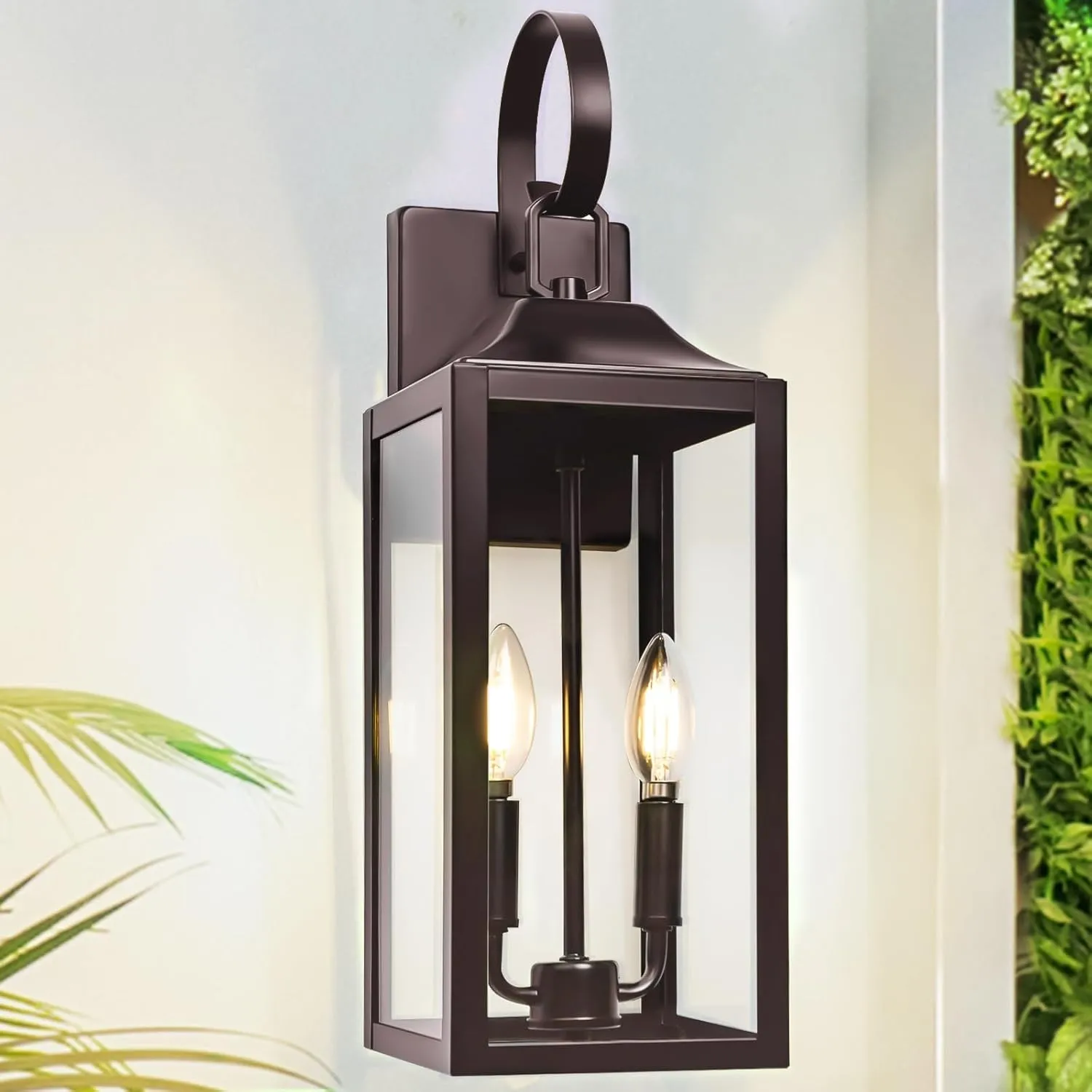 19" Oil Rubbed Bronze Outdoor Wall Lantern 2-Light, Large Outside Modern Wall Sconce Light Fixture, Brown Porch Light Wall Mount with Glass, Waterproof Farmhouse Exterior Lamp Lighting