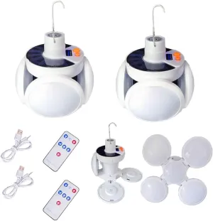 2 in 1 Foldable Solar Lamp LED Remote Control Portable Camping Collapsible Blub 45LED Tent Lantern Light 5 Mode USB Rechargeable Hook Hanging Power Outdoor Fishing Emergency Courtyard 2 Pack