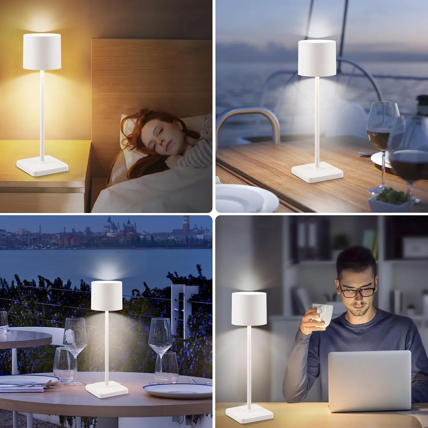 2 Pack Cordless Table Lamp Rechargeable, Wireless Charging LED Table Lamp, IP54 Waterproof Aluminum Bedside Light, Touch Control, Suitable for Indoor and Outdoor Use, White