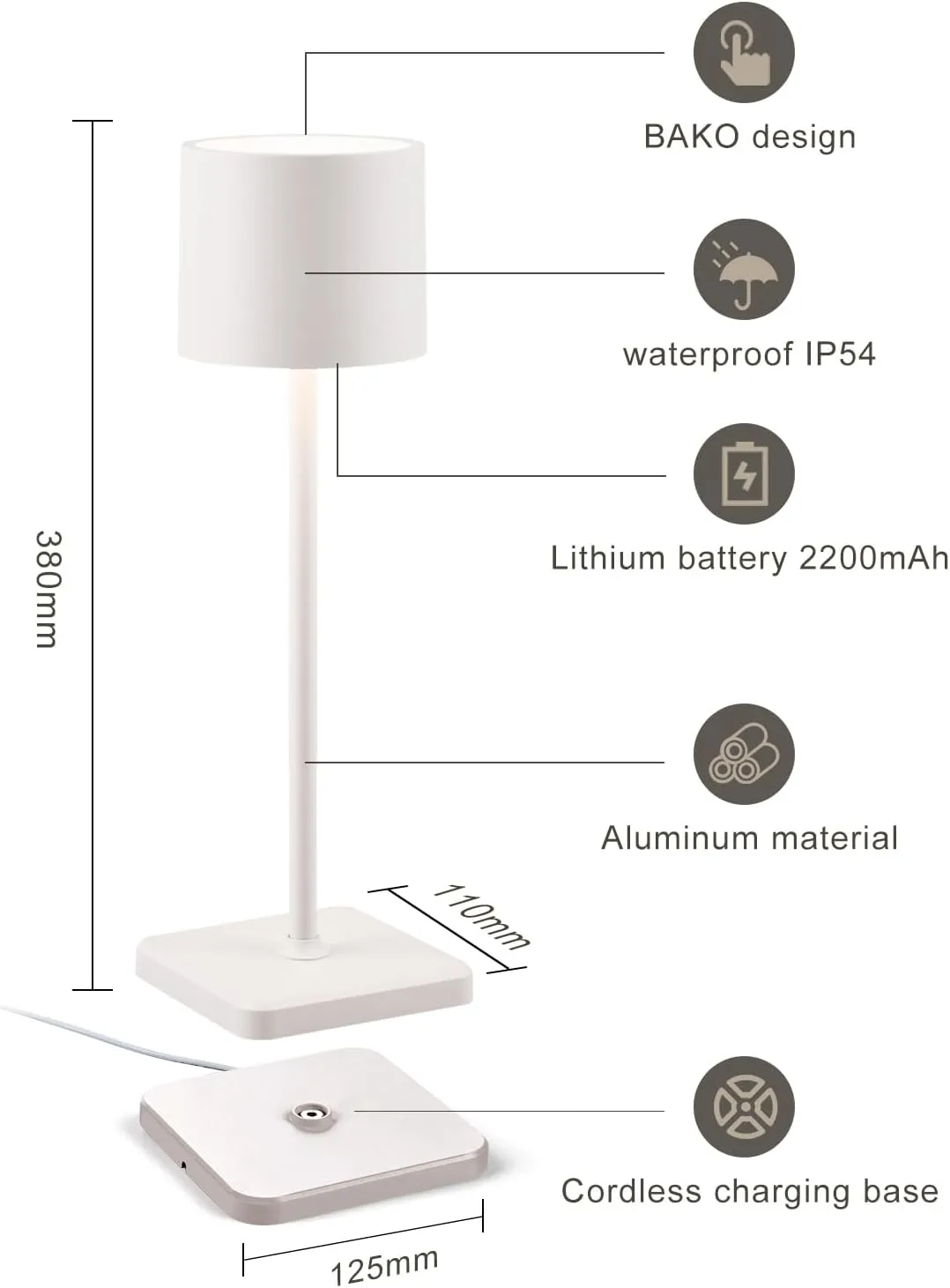 2 Pack Cordless Table Lamp Rechargeable, Wireless Charging LED Table Lamp, IP54 Waterproof Aluminum Bedside Light, Touch Control, Suitable for Indoor and Outdoor Use, White