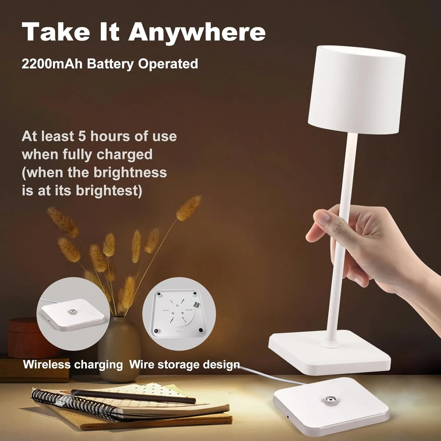 2 Pack Cordless Table Lamp Rechargeable, Wireless Charging LED Table Lamp, IP54 Waterproof Aluminum Bedside Light, Touch Control, Suitable for Indoor and Outdoor Use, White
