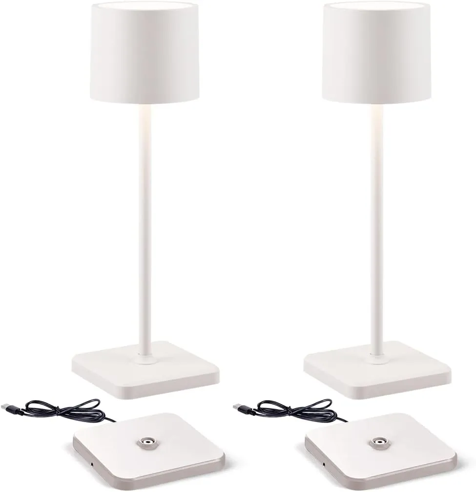 2 Pack Cordless Table Lamp Rechargeable, Wireless Charging LED Table Lamp, IP54 Waterproof Aluminum Bedside Light, Touch Control, Suitable for Indoor and Outdoor Use, White