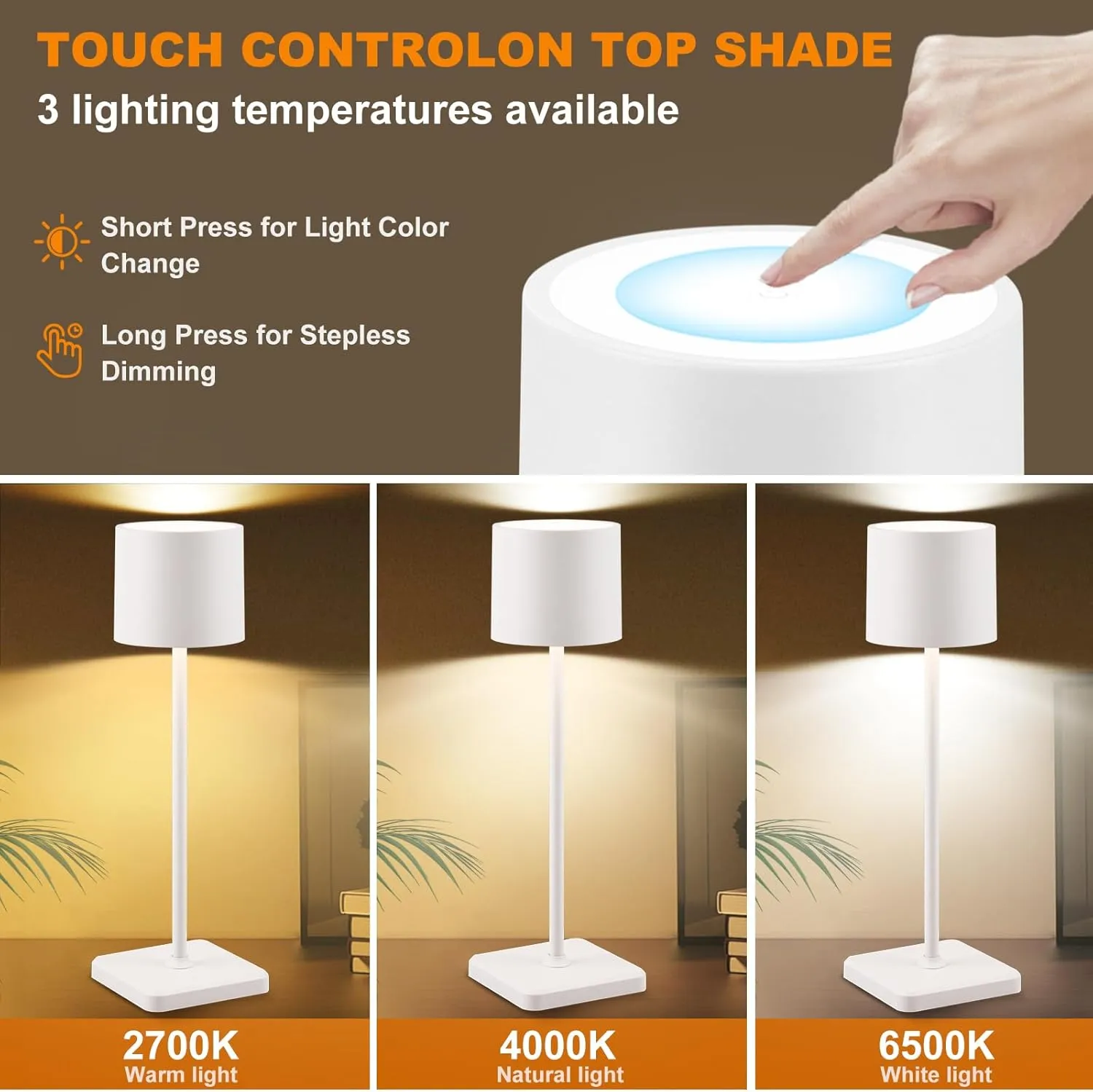 2 Pack Cordless Table Lamp Rechargeable, Wireless Charging LED Table Lamp, IP54 Waterproof Aluminum Bedside Light, Touch Control, Suitable for Indoor and Outdoor Use, White