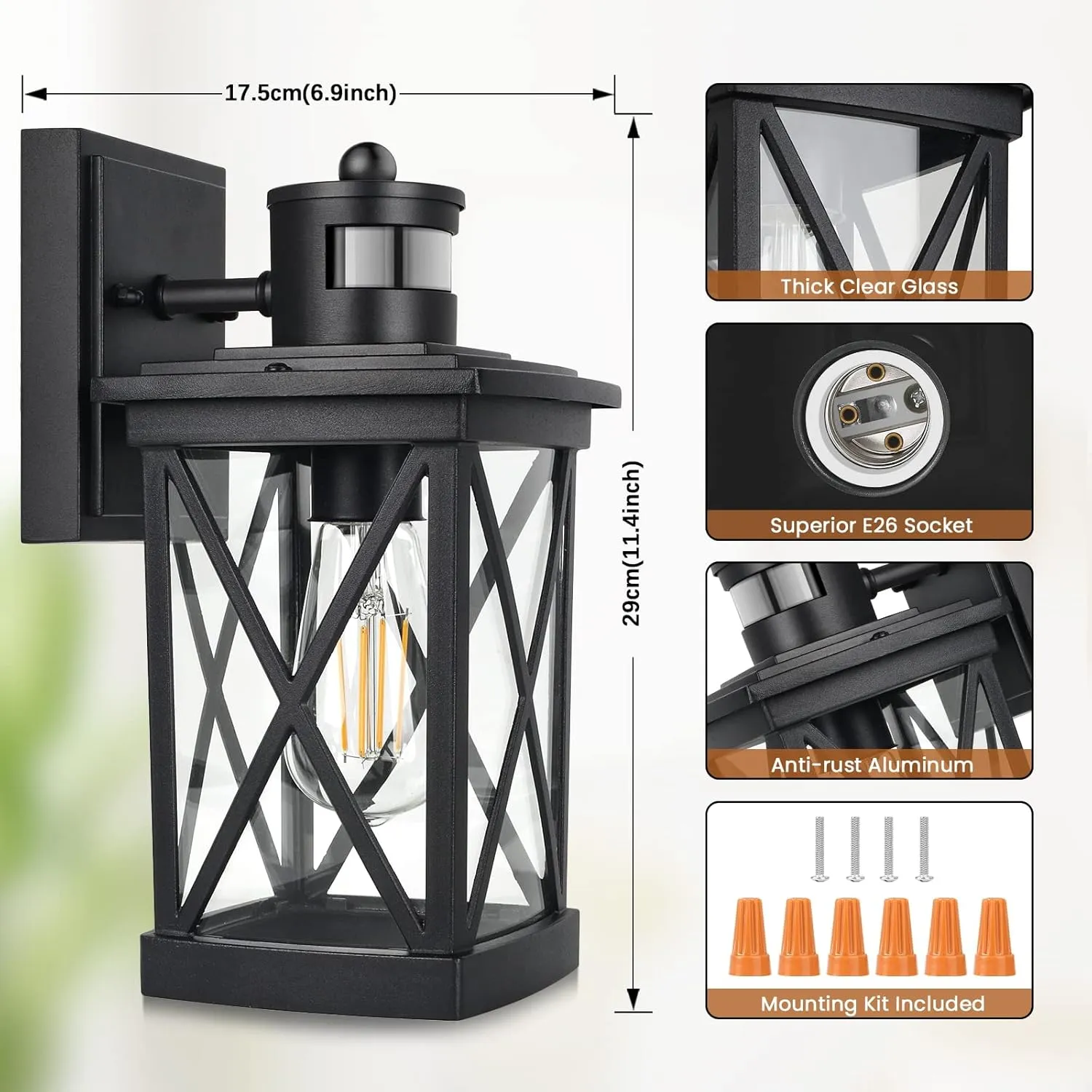 2-Pack Motion Sensor Outdoor Wall Lights, Dusk to Dawn Exterior Light Fixtures Wall Mount, Black Outdoor Sensor Lights For Outside House Garage Porch Patio, LED Wall Lantern Sconce Lights Waterproof