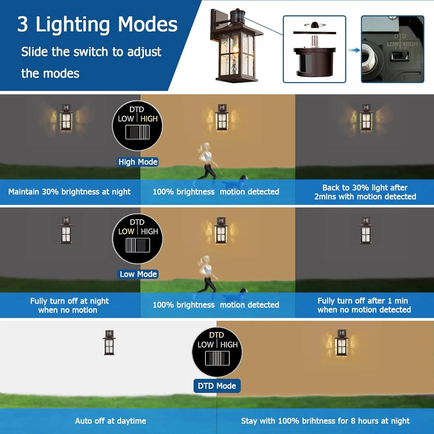 2 Pack Motion Sensor Outdoor Wall Lights Dusk to Dawn Exterior Porch Lantern Brown Outside Sconce Lighting Fixtures Rustic Farmhouse Wall Mount Carriage Lamp for House Garage Patio