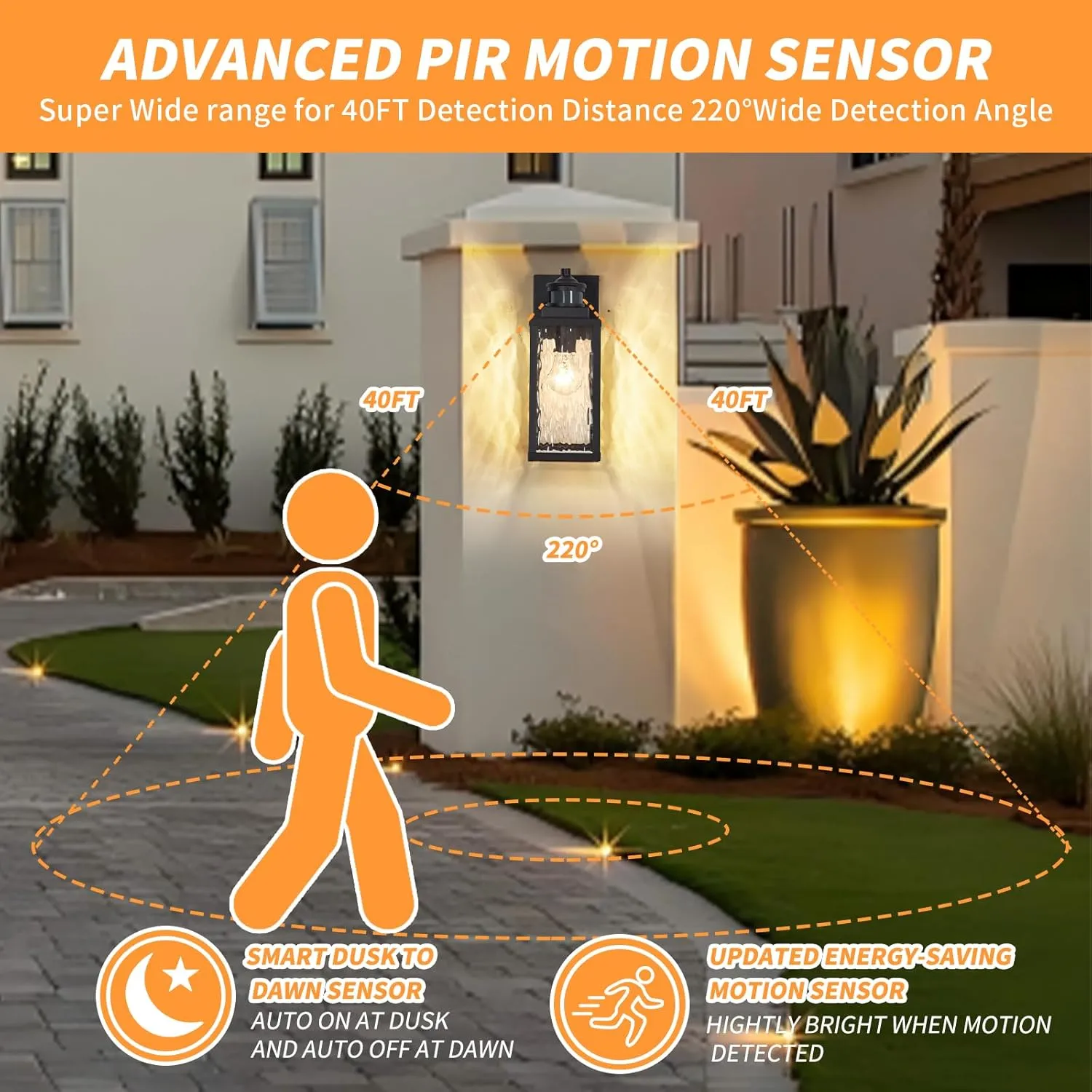 2 Pack Motion Sensor Outdoor Wall Lights,Updated Dusk to Dawn Outdoor Lighting, Exterior Light Fixtures Wall Mount With Water-Rippled Glass,Waterproof Black Porch Light Outside Lights for House
