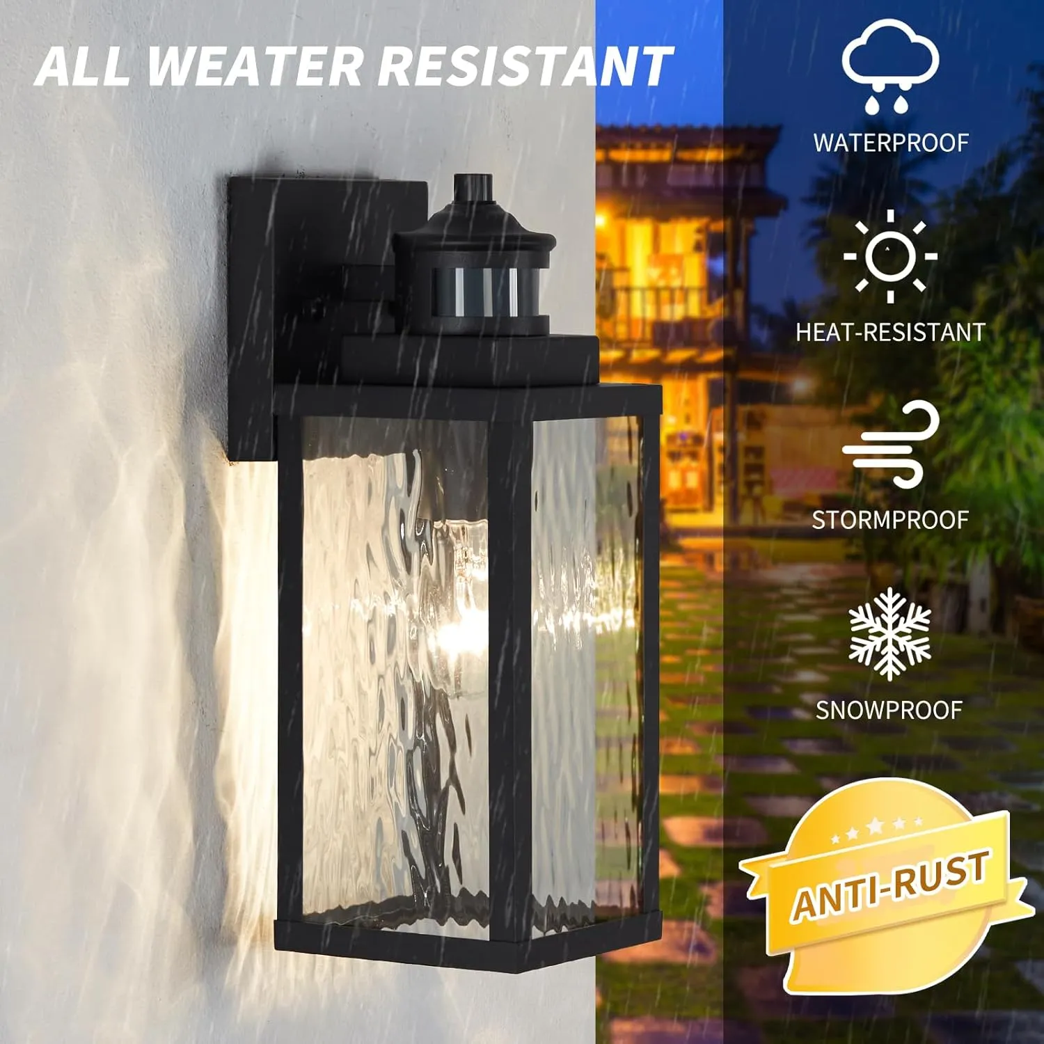 2 Pack Motion Sensor Outdoor Wall Lights,Updated Dusk to Dawn Outdoor Lighting, Exterior Light Fixtures Wall Mount With Water-Rippled Glass,Waterproof Black Porch Light Outside Lights for House