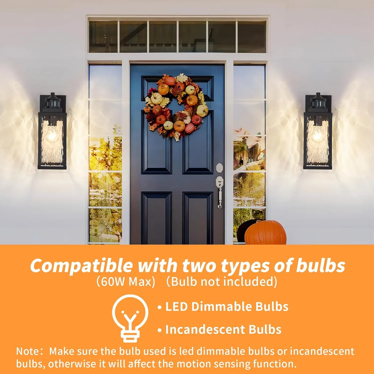 2 Pack Motion Sensor Outdoor Wall Lights,Updated Dusk to Dawn Outdoor Lighting, Exterior Light Fixtures Wall Mount With Water-Rippled Glass,Waterproof Black Porch Light Outside Lights for House