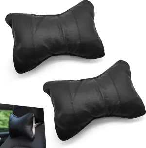 2 PCS Car Headrest Cushion, Leather Breathable Neck Support Pillow, All Season Multi-Purpose Pillow Accessory, Universal for Most Cars (Black)