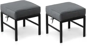 2 Pieces Outdoor Ottomans for Patio, Assembled Aluminum Outdoor Ottoman with Gray Cushions, Aluminum Small Outdoor Foot Stools for Patio Porch Yard Garden Deck, Black Frame