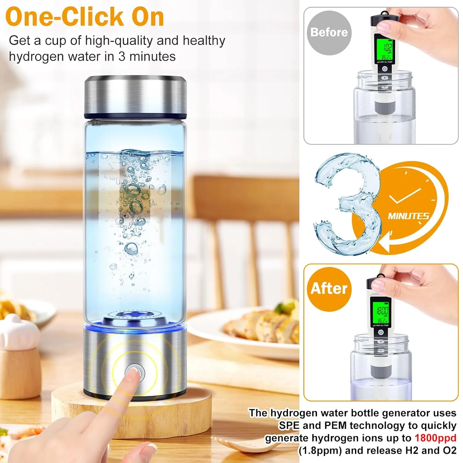 2025 Upgrade Hydrogen Water Bottle, Hydrogen Water Generator with Advanced SPE PEM Technology, 420ml(14OZ) Hydro Water Machine, Portable Water Ionizer for Office, Travel, Fitness & Everyday Hydration