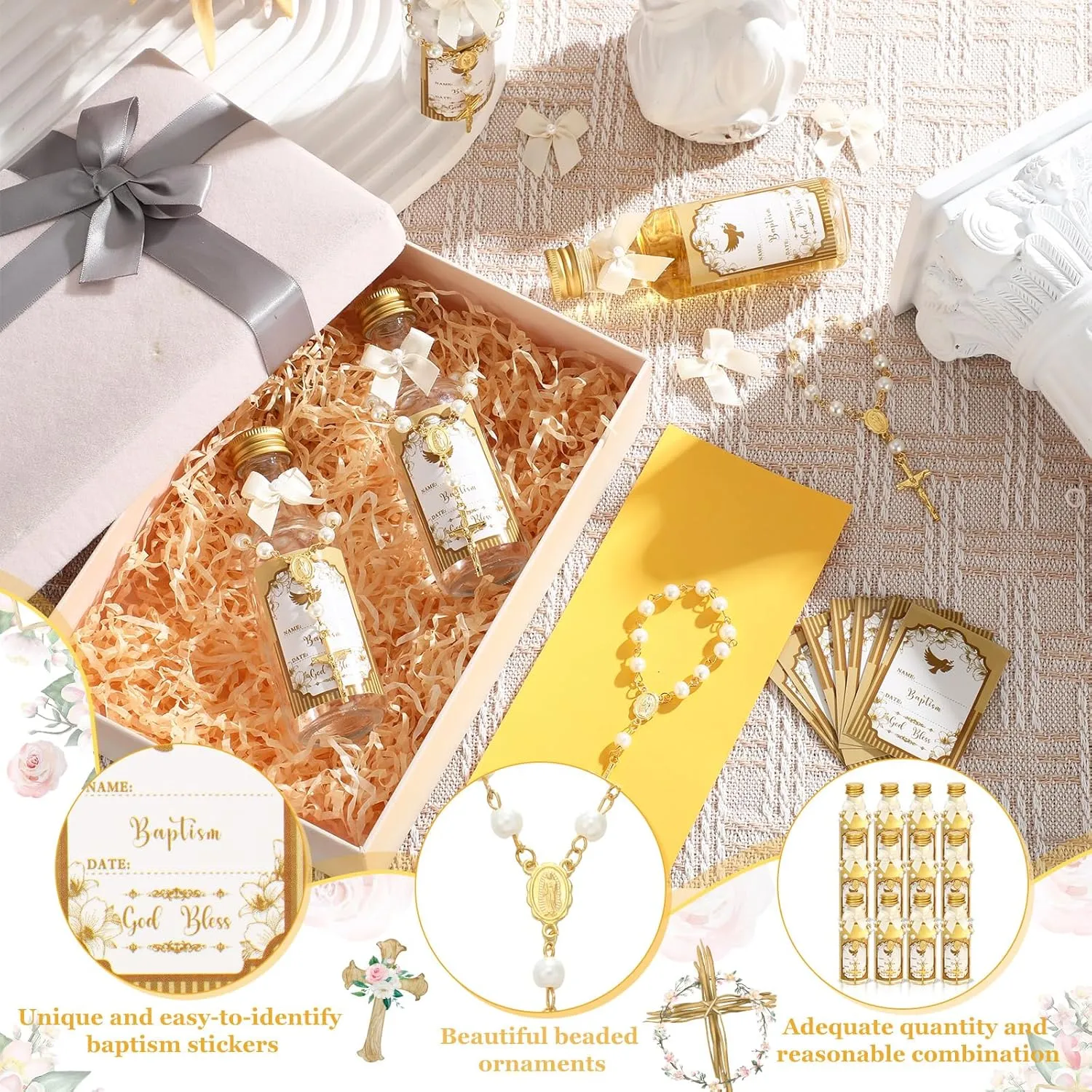 24 Sets Catholic Holy Water Bottle Baptism Rosary Set Baptism Favors 1.7oz Christian Water Container Empty Glass Holy Water Bottle for Easter Party Church Wedding Table Newborn (Gold)