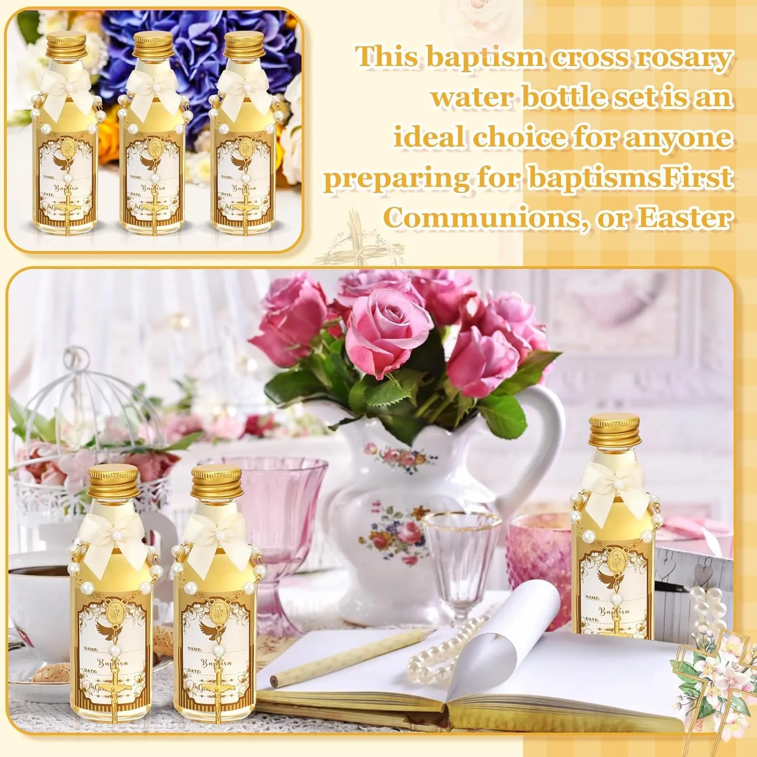 24 Sets Catholic Holy Water Bottle Baptism Rosary Set Baptism Favors 1.7oz Christian Water Container Empty Glass Holy Water Bottle for Easter Party Church Wedding Table Newborn (Gold)