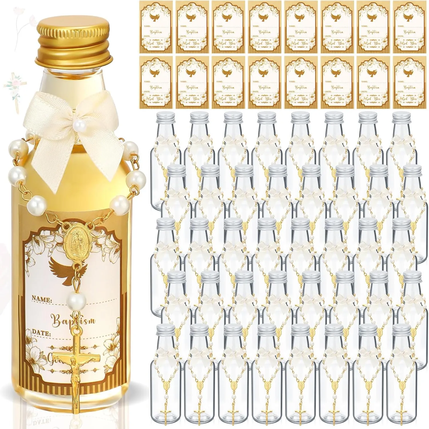 24 Sets Catholic Holy Water Bottle Baptism Rosary Set Baptism Favors 1.7oz Christian Water Container Empty Glass Holy Water Bottle for Easter Party Church Wedding Table Newborn (Gold)