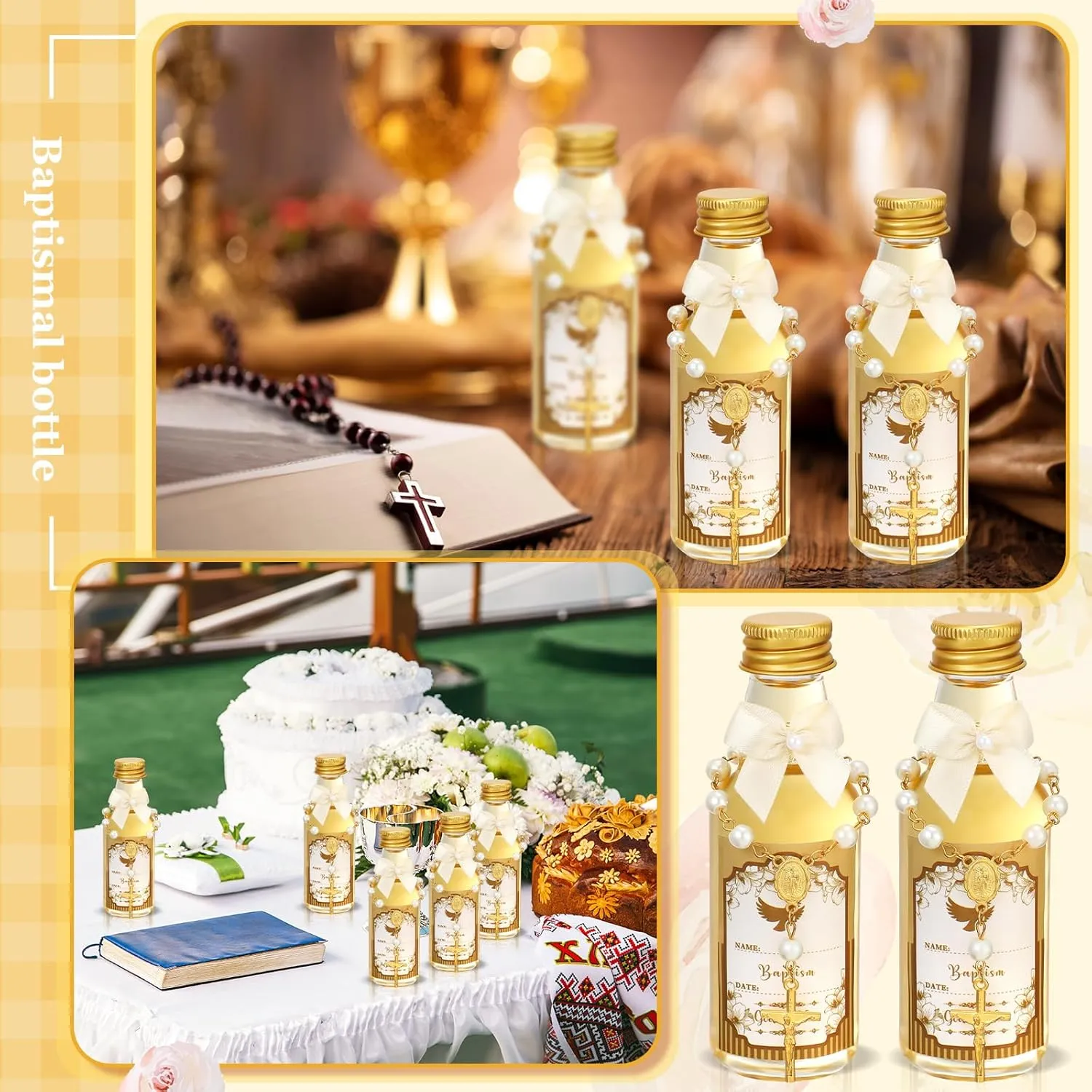 24 Sets Catholic Holy Water Bottle Baptism Rosary Set Baptism Favors 1.7oz Christian Water Container Empty Glass Holy Water Bottle for Easter Party Church Wedding Table Newborn (Gold)