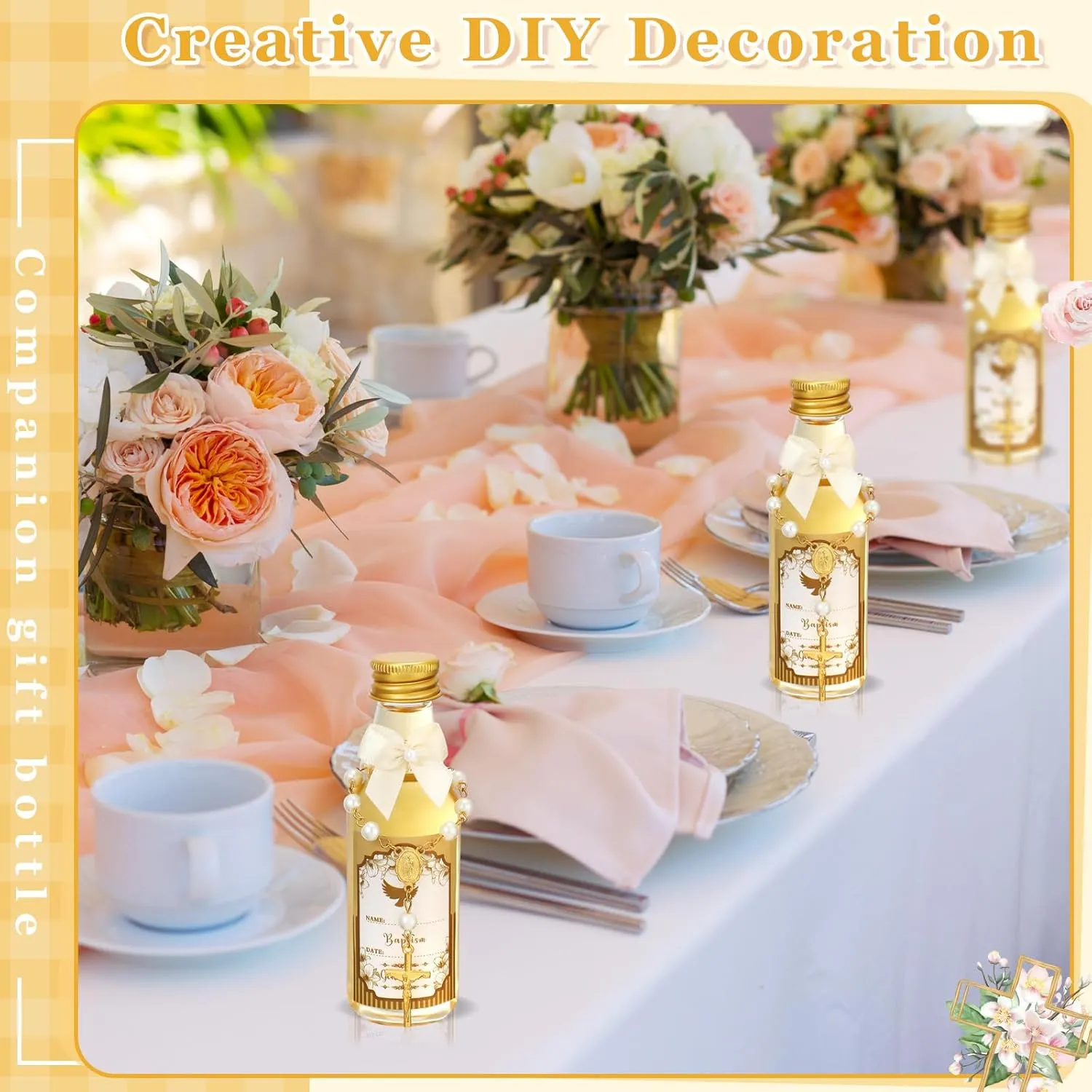 24 Sets Catholic Holy Water Bottle Baptism Rosary Set Baptism Favors 1.7oz Christian Water Container Empty Glass Holy Water Bottle for Easter Party Church Wedding Table Newborn (Gold)