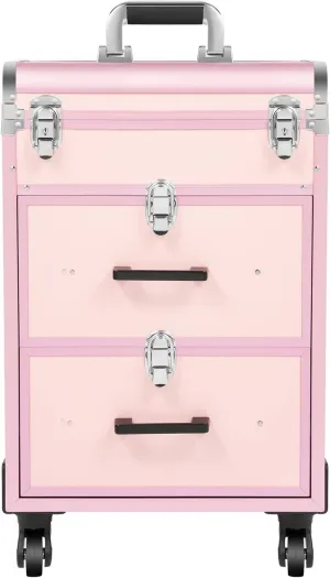 3 Layers Makeup Case Aluminum Makeup Rolling Train Case with Metal Locks and Retractable Handle, Portable Makeup Case Organizer for Professional Make-Up Artists Hairdressers Nail Technicians