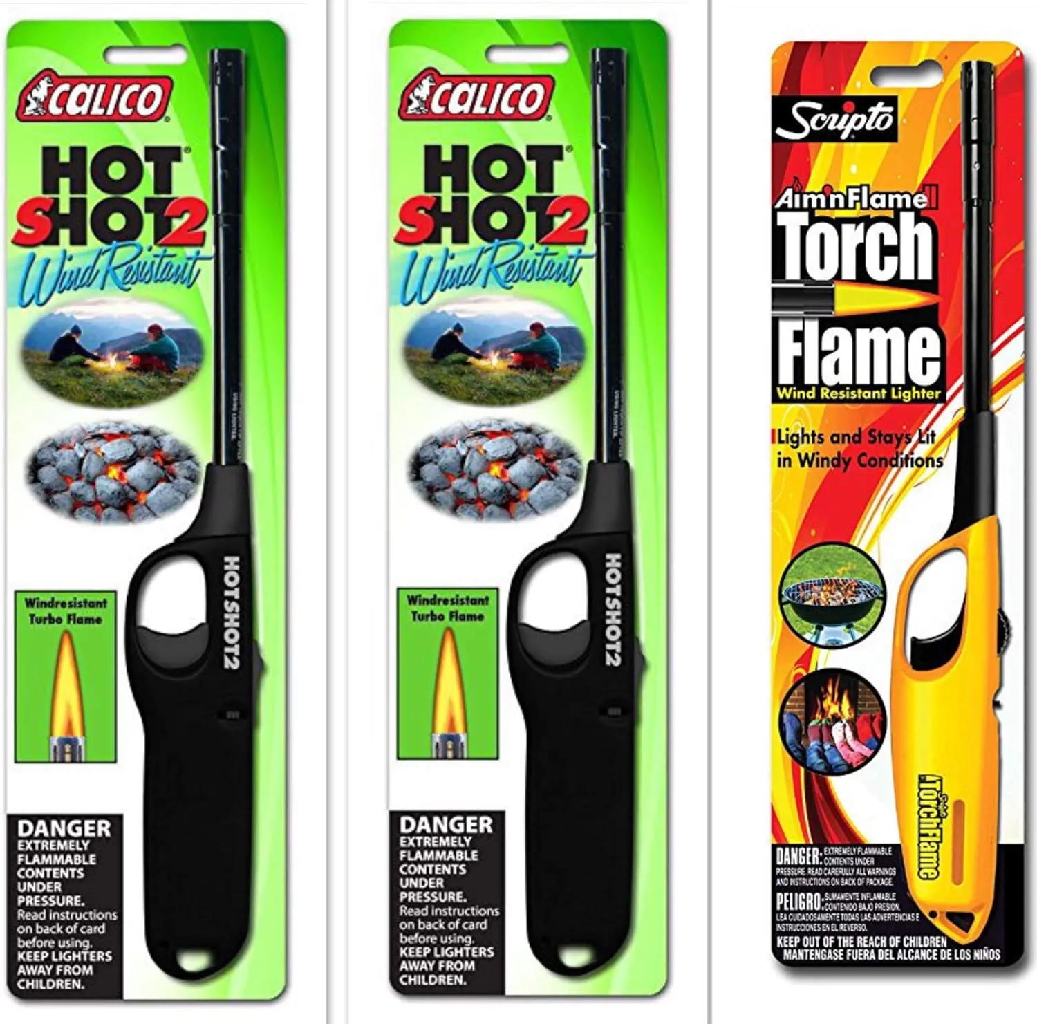 3 Pack Combo - 2 Pack Calico HOT Shot 2 Wind Resistant Lighters   Scripto Multi Purpose Lighter (Random Color) (Aim'n Flame II Wind Resistant