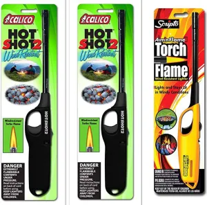 3 Pack Combo - 2 Pack Calico HOT Shot 2 Wind Resistant Lighters   Scripto Multi Purpose Lighter (Random Color) (Aim'n Flame II Wind Resistant