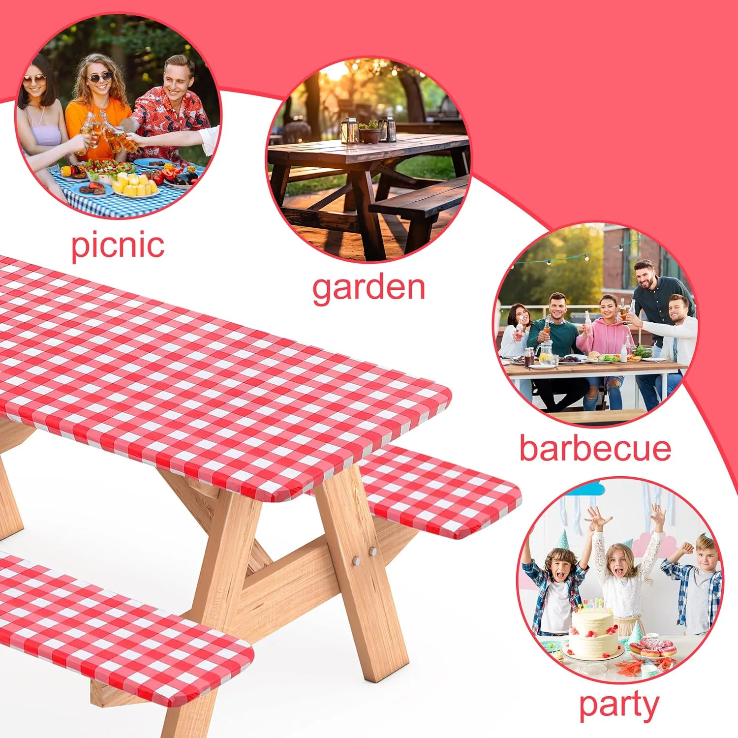 3 Pcs Set Fitted Picnic Table Cover with Bench Covers Vinyl Camping Table Cloth Flannel Backing for 6ft Tables Camping Outdoor (Red Checked, 30 x 72 Inches)