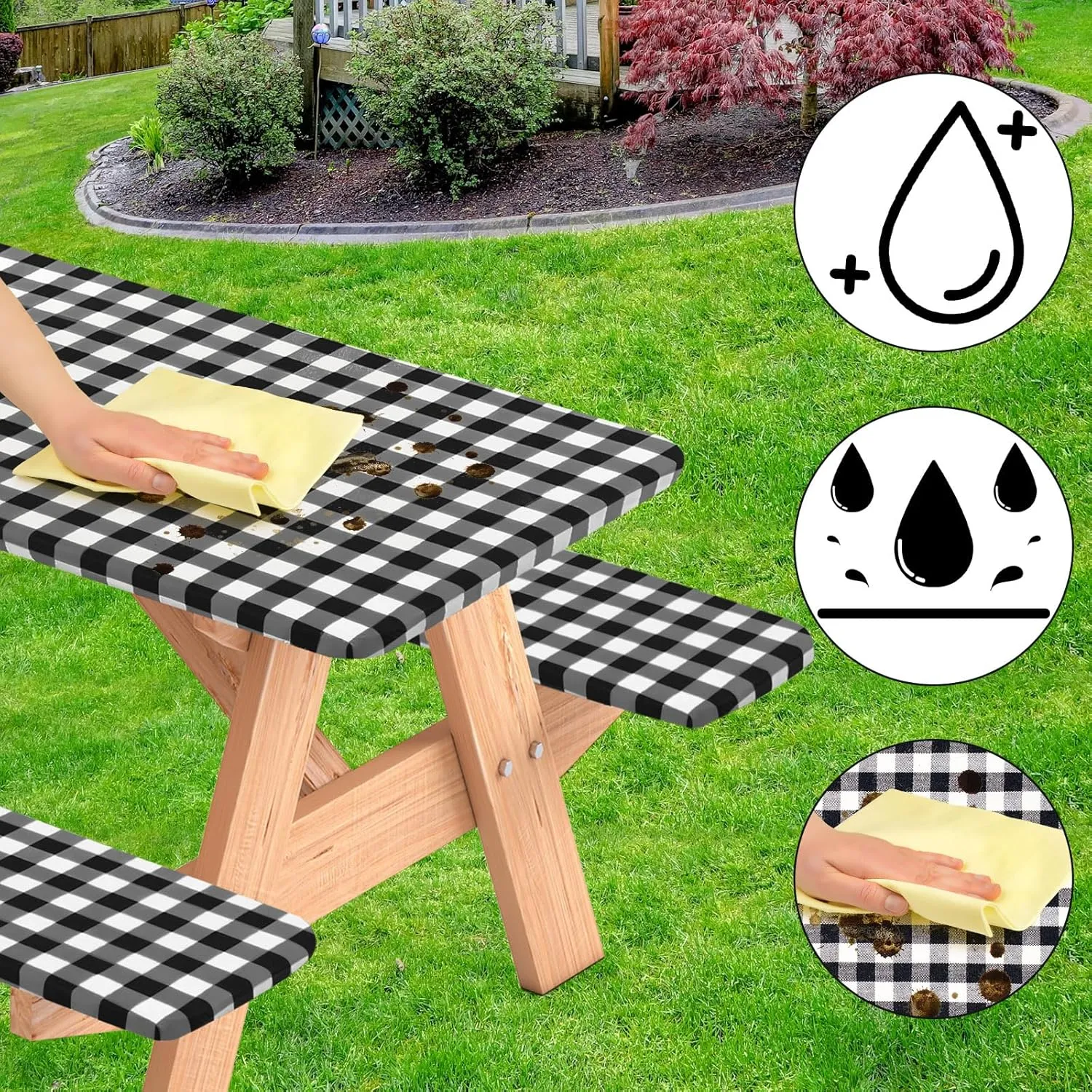 3 Pcs Set Fitted Picnic Table Cover with Bench Covers Vinyl Camping Table Cloth Flannel Backing Picnic Table Cloth for 6ft Tables Camping Outdoor (Black Checked, 30 x 72 Inches)