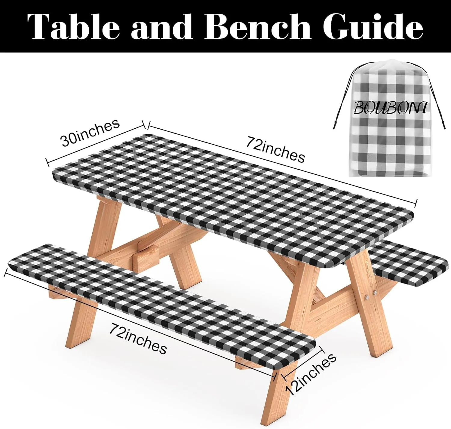 3 Pcs Set Fitted Picnic Table Cover with Bench Covers Vinyl Camping Table Cloth Flannel Backing Picnic Table Cloth for 6ft Tables Camping Outdoor (Black Checked, 30 x 72 Inches)