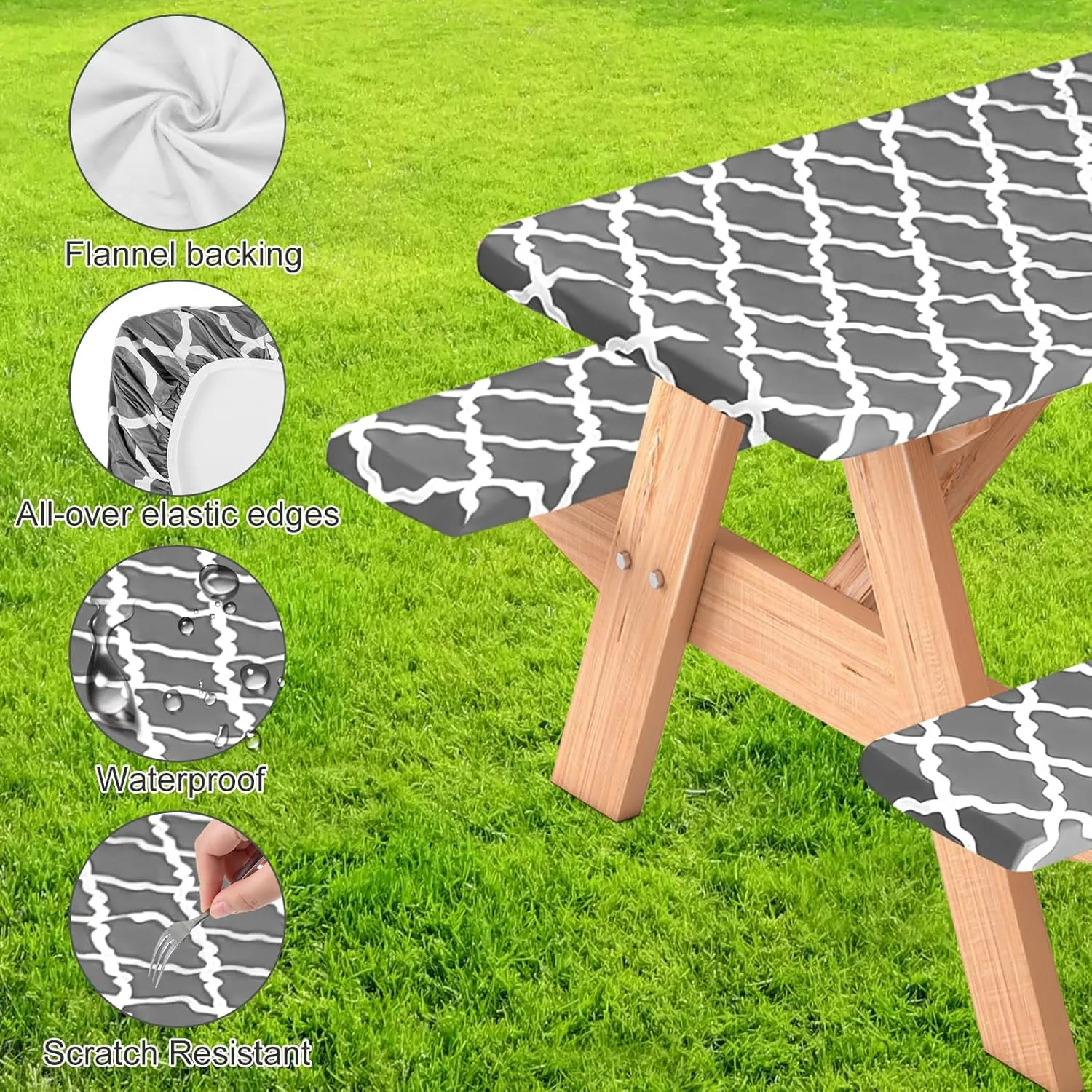 3 Pcs Set Fitted Picnic Table Cover with Bench Covers Vinyl Camping Table Cloth Flannel Backing Picnic Table Cloth for 6ft Tables Camping Outdoor (Gray Morocco, 30 x 72 Inches)