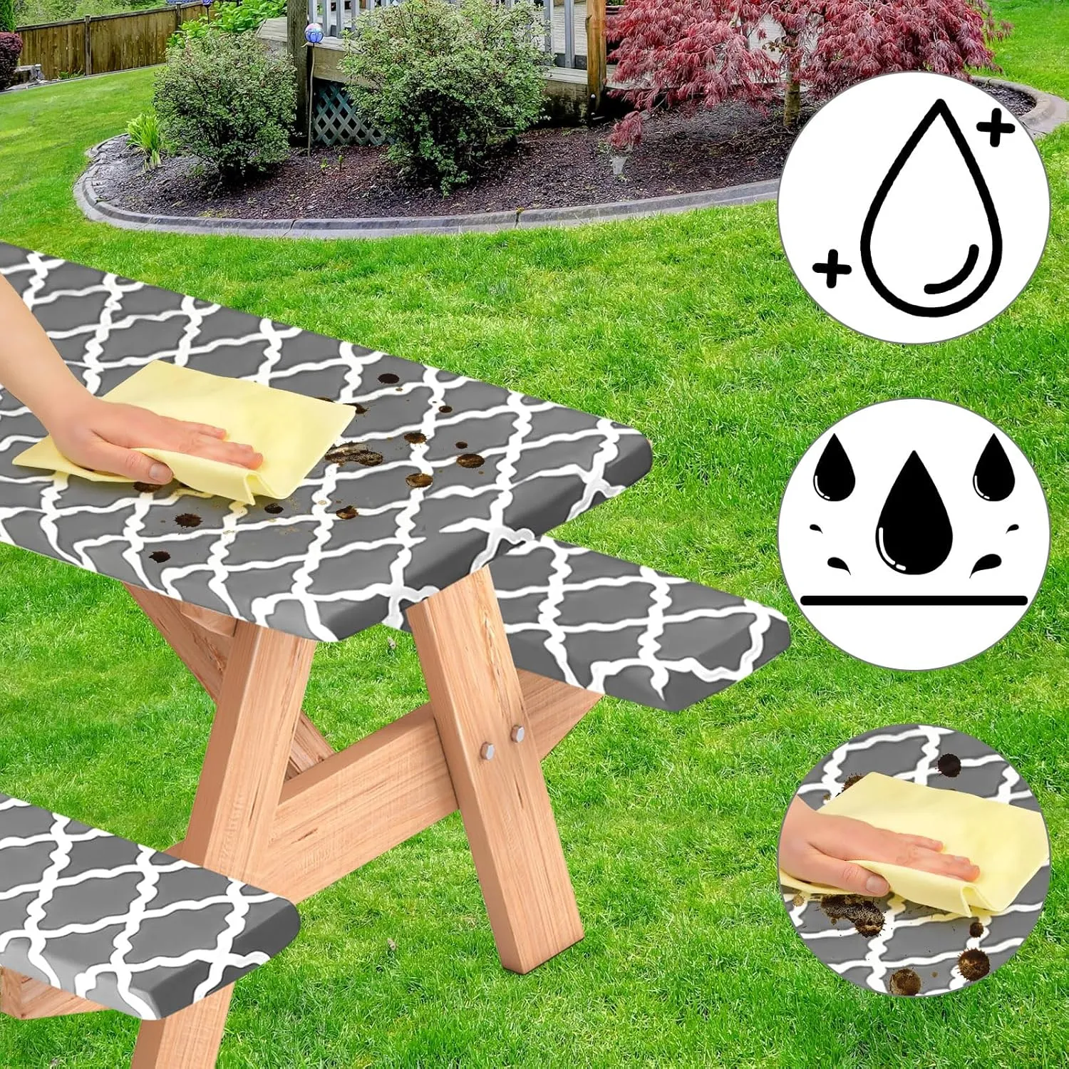 3 Pcs Set Fitted Picnic Table Cover with Bench Covers Vinyl Camping Table Cloth Flannel Backing Picnic Table Cloth for 6ft Tables Camping Outdoor (Gray Morocco, 30 x 72 Inches)