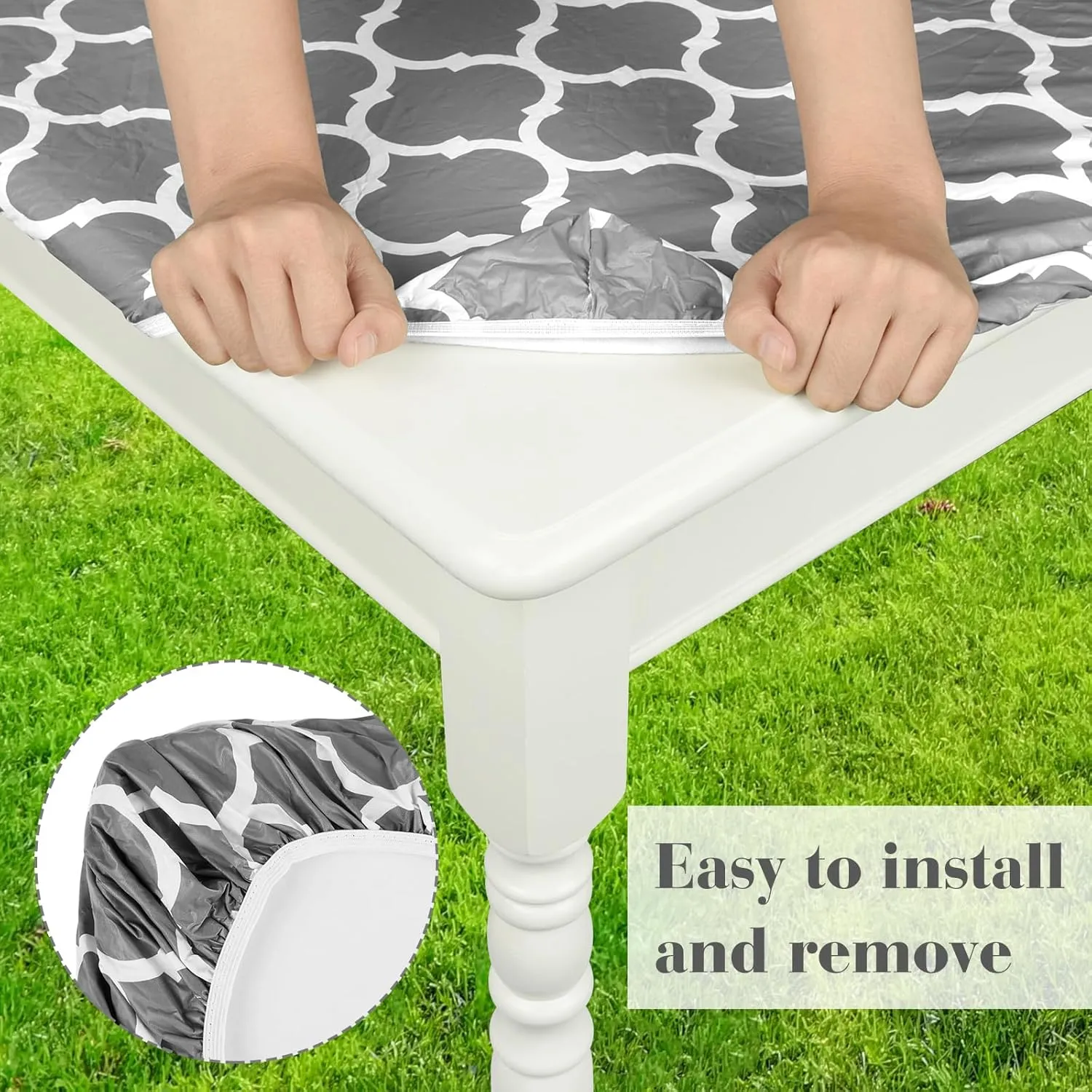 3 Pcs Set Fitted Picnic Table Cover with Bench Covers Vinyl Camping Table Cloth Flannel Backing Picnic Table Cloth for 6ft Tables Camping Outdoor (Gray Morocco, 30 x 72 Inches)